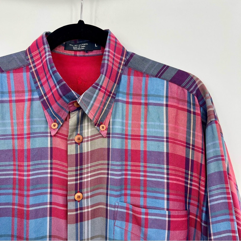 Johnnie Walker Plaid Button Down Long Sleeve Dress Shirt Men Silk Tencel L - Picture 6 of 6